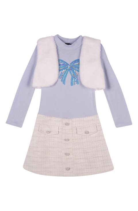 Kids' Marsala Long Sleeve Dress with Faux Fur Shrug (Little Kid)