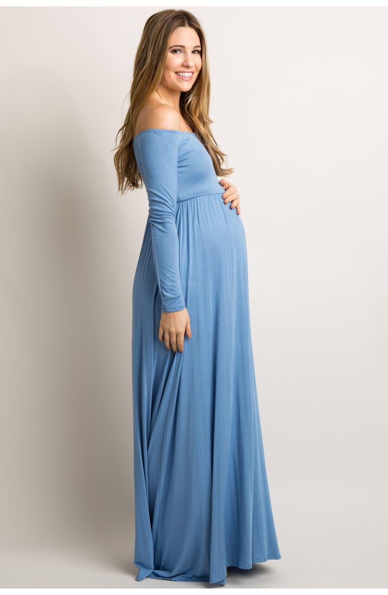 PinkBlush Petite Solid Off Shoulder Maxi Dress, Alternate, color, Blue