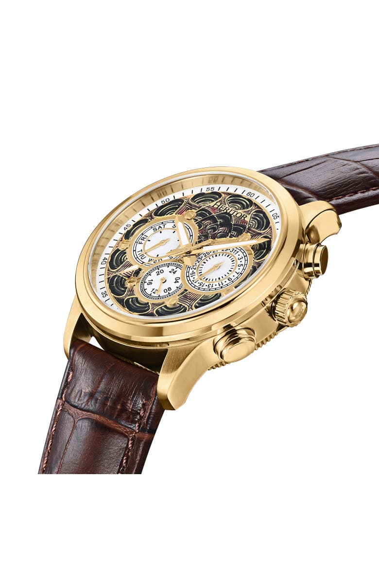 Apostle Leather-Band Watch w/ Day/Date, Alternate, color, Gold/Brown