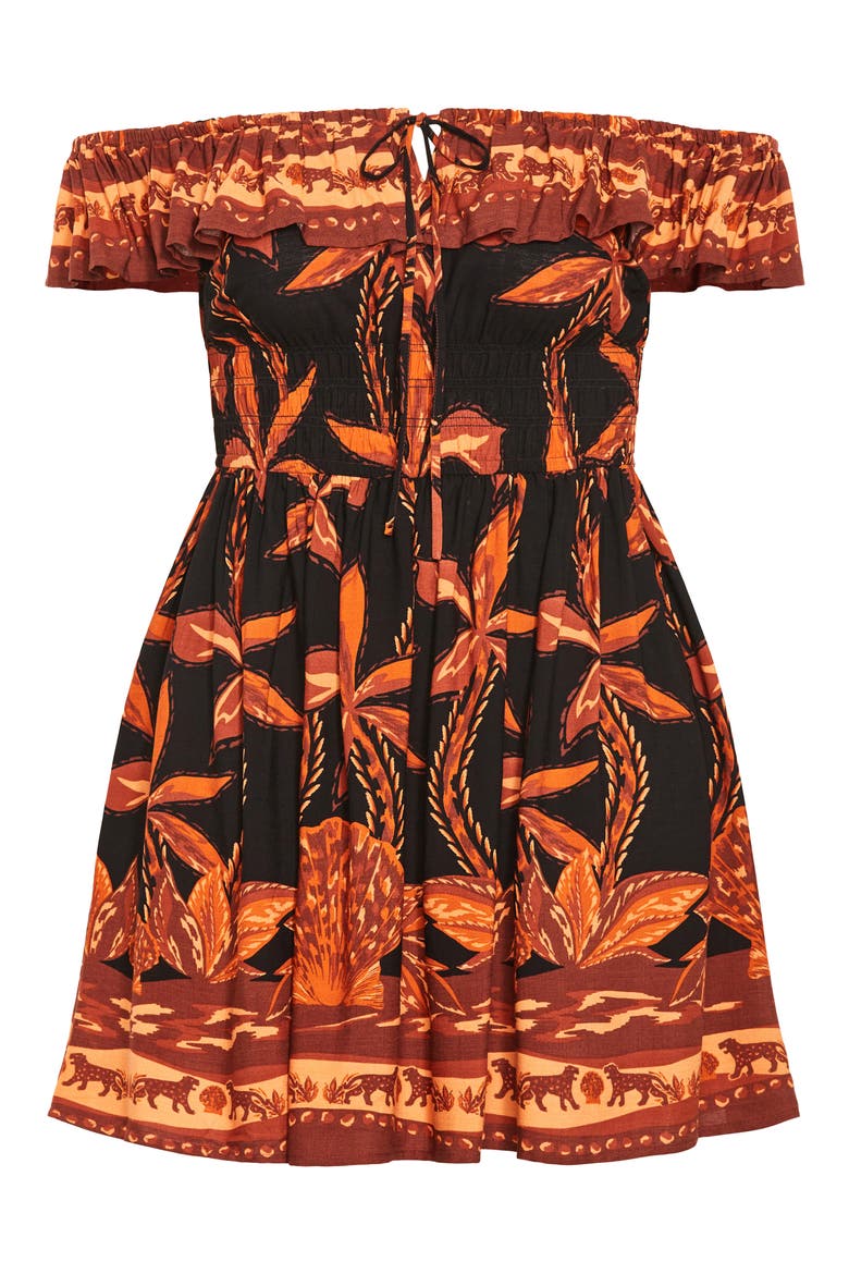 Tahitian Border Print Off the Shoulder Dress, Alternate, color, BLACK TAHITIAN
