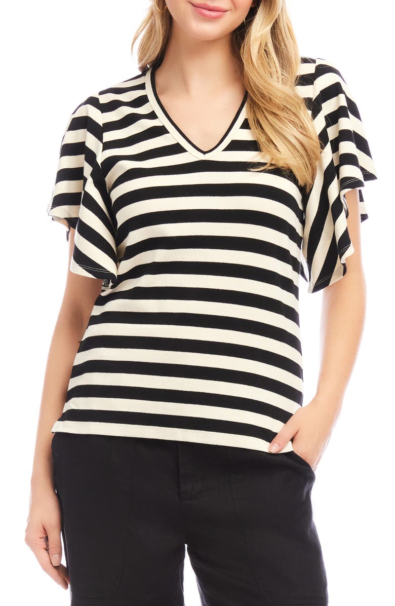 Karen Kane Stripe Flutter Sleeve Stretch Cotton Top, Main, color, Black/ Cream