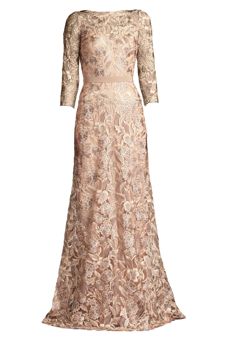 Floral Embroidered Bateau Neck Gown, Alternate, color, PEBBLE