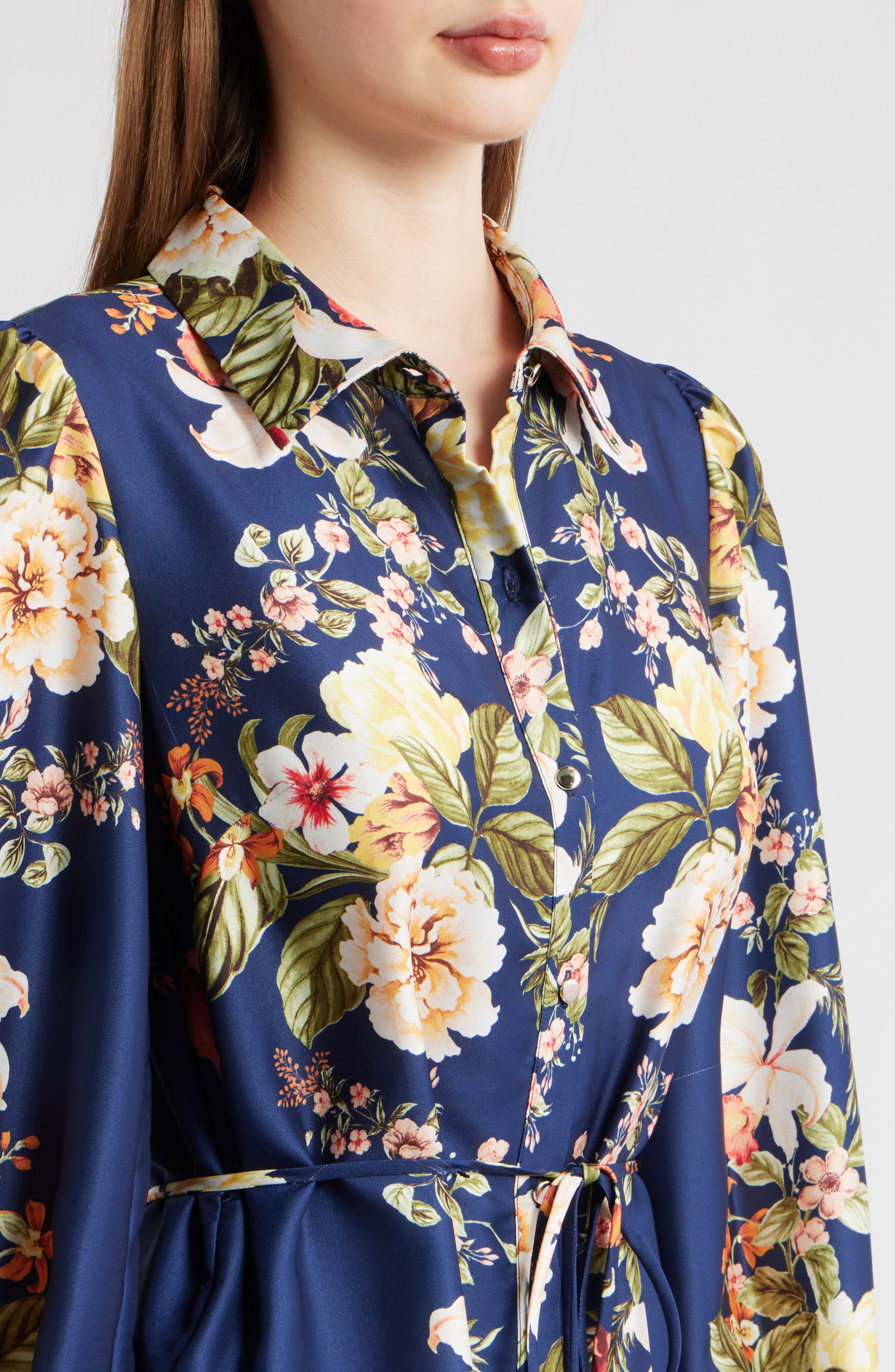 floral satin dress long sleeve Maison Tara Women's Long Sleeve Mock Neck Floral Print Satin Dress