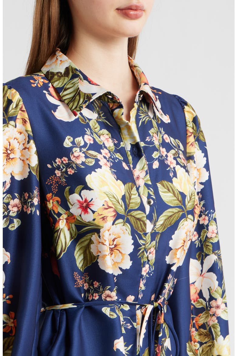 Floral Long Sleeve Satin Shirtdress, Alternate, color, NAVY MULTI