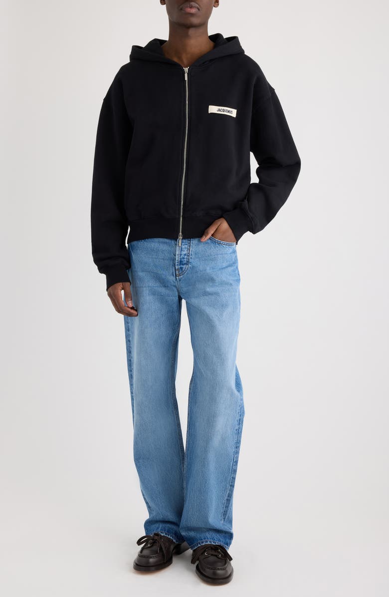 Jacquemus Le Hoodie Gros Grain Cotton Zip Hoodie, Alternate, color, Black