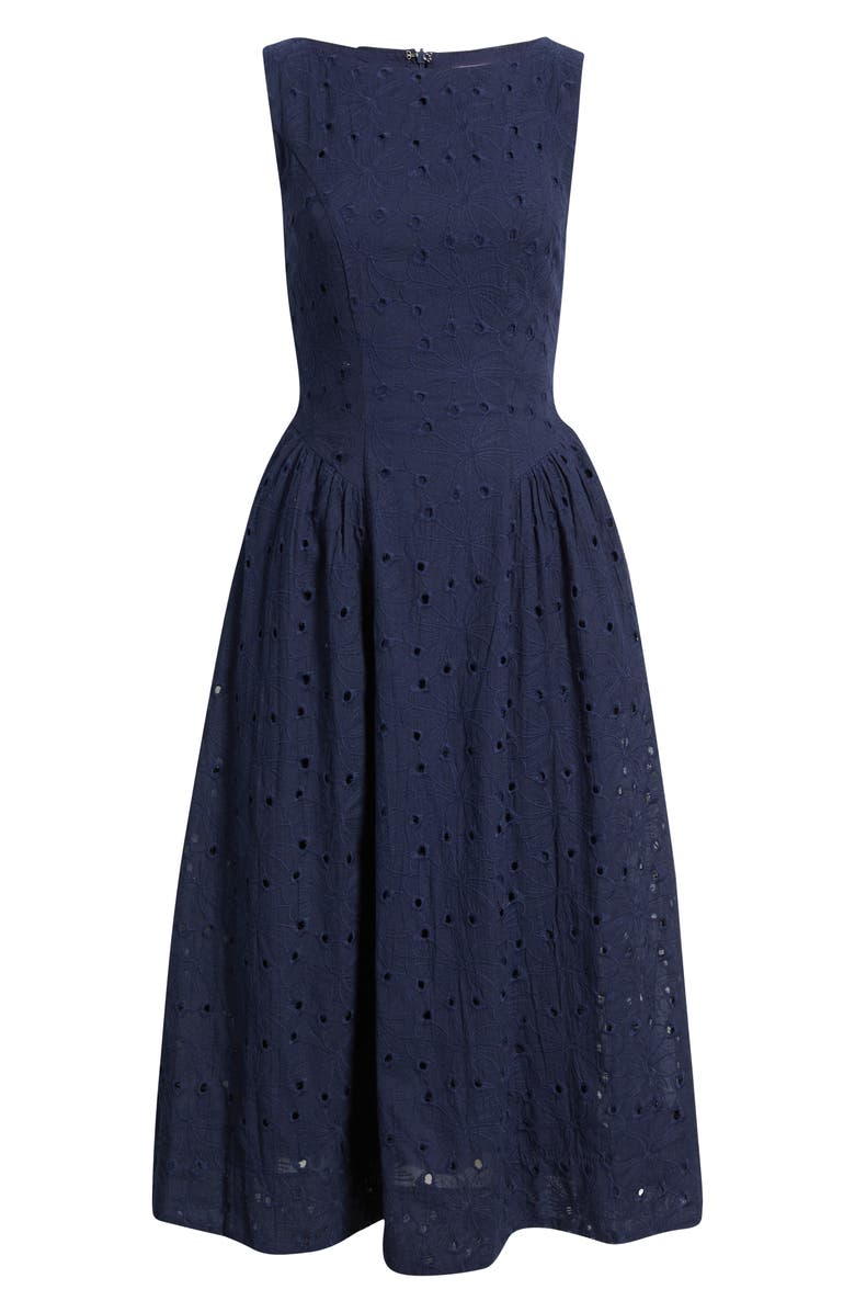 All in Favor Broderie Anglaise Fit & Flare Midi Dress, Alternate, color, Navy