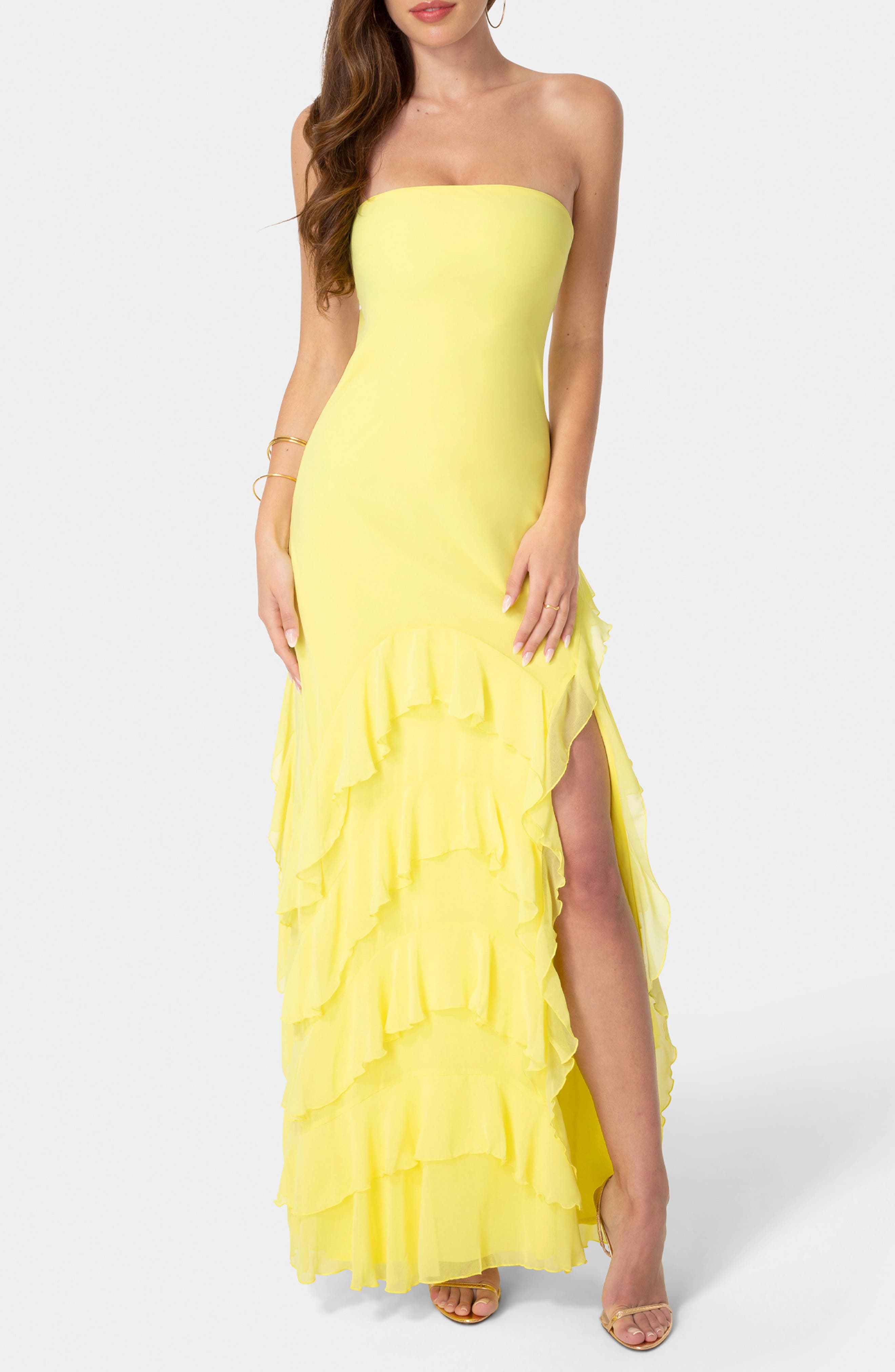 Ruffle Strapless Chiffon Gown