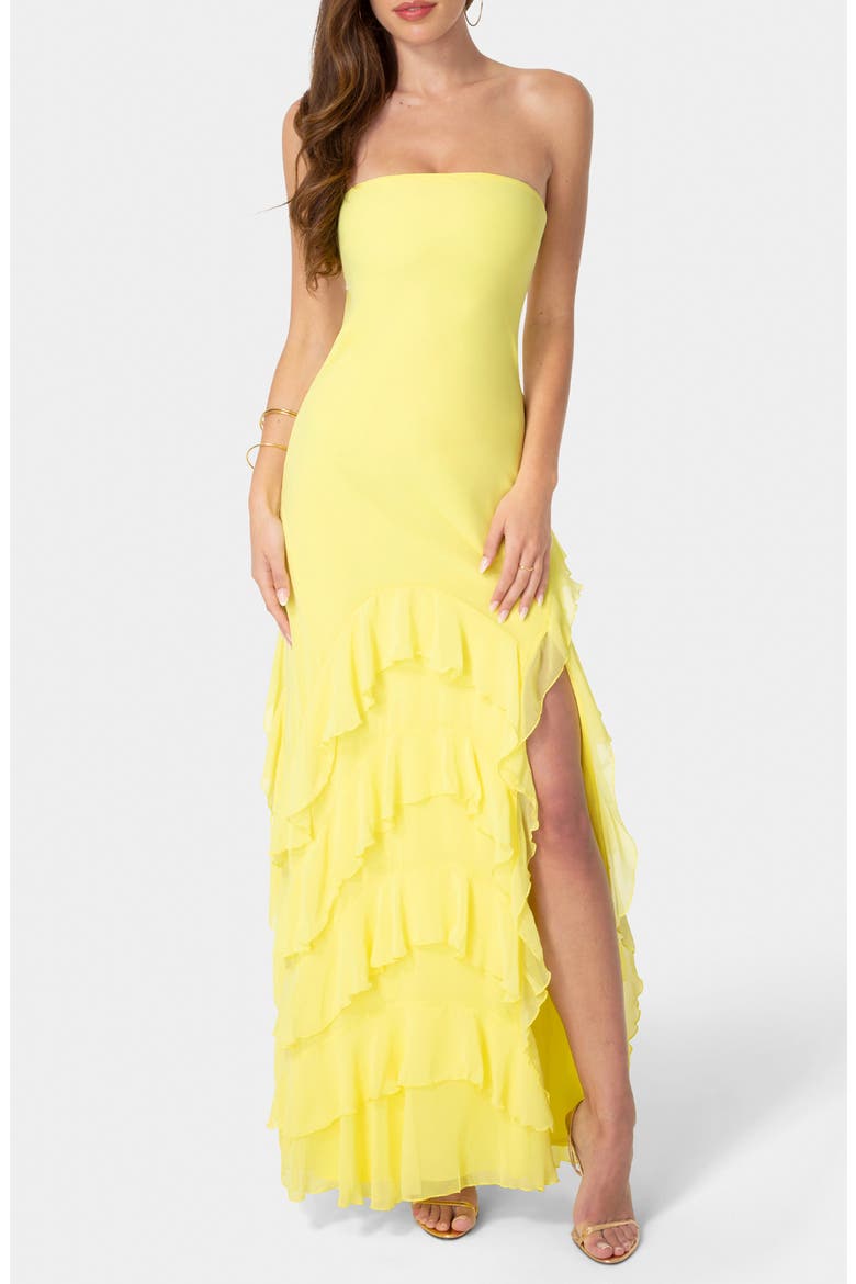 Ruffle Strapless Chiffon Gown, Main, color, BUTTER