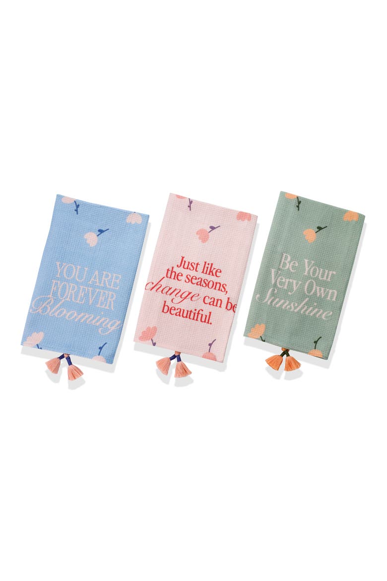 Set of Three Daily Affirmation Pastel Kitchen Towels, Main, color, SAGE GREEN/ DUSTY ROSE