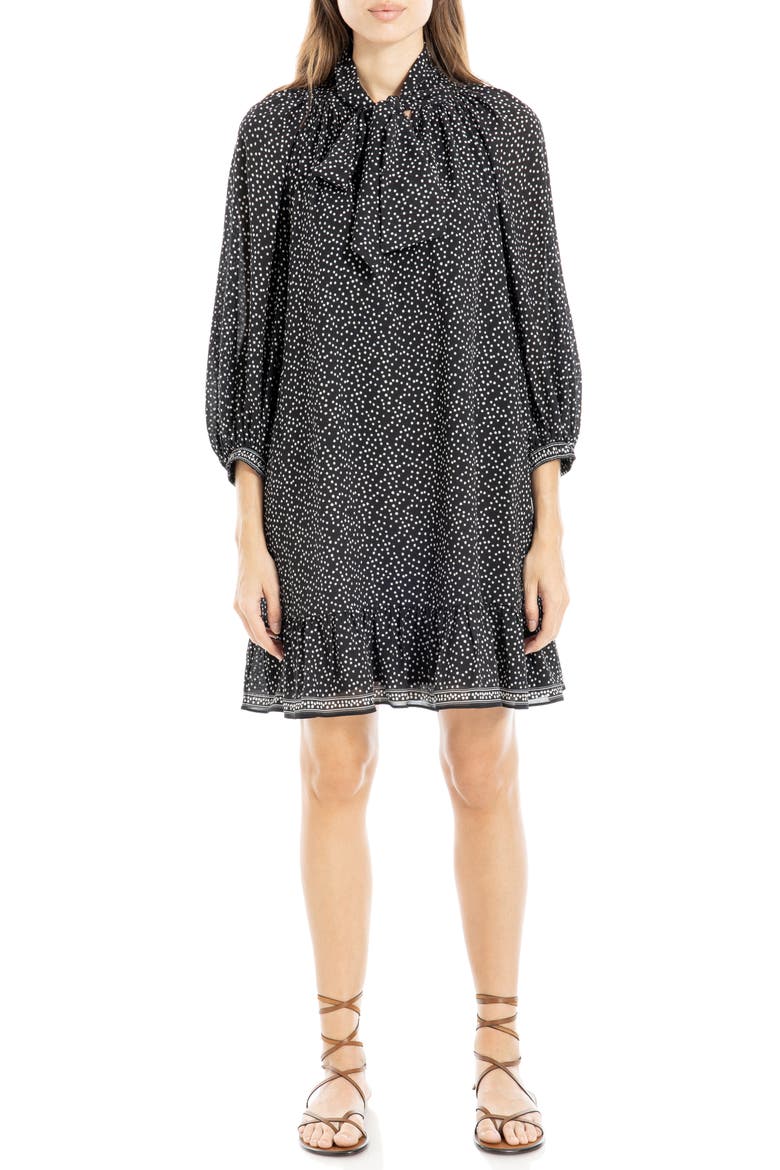 Tie Neck Balloon Sleeve Trapeze Dress, Alternate, color, BLACK/ IVORY RANDOM DOT