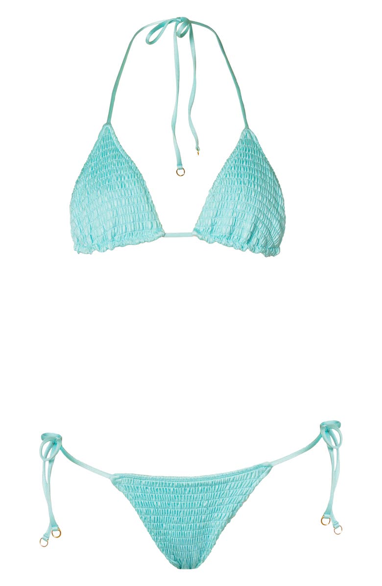 Maaji Indigo Veil Sunflash Smocked Side Tie Bikini Bottoms, Alternate, color, Light Pastel Blue