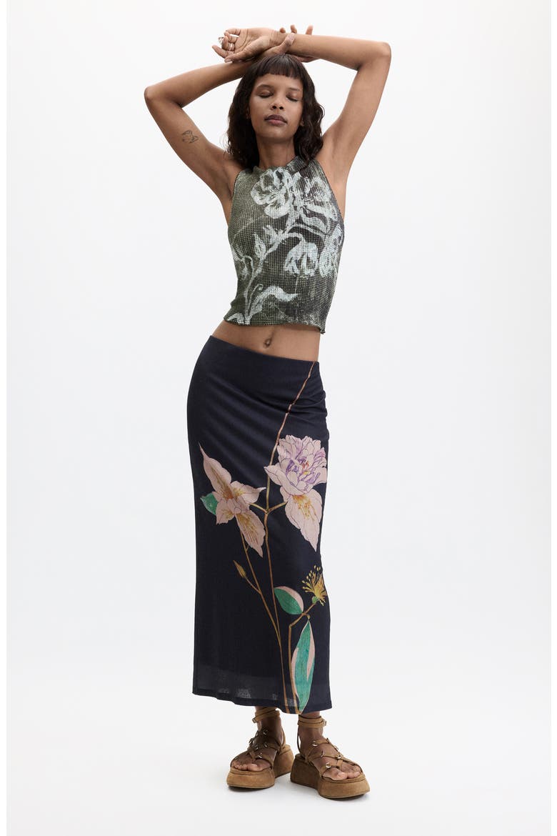 Floral Print Jersey Maxi Skirt, Alternate, color, BLACK