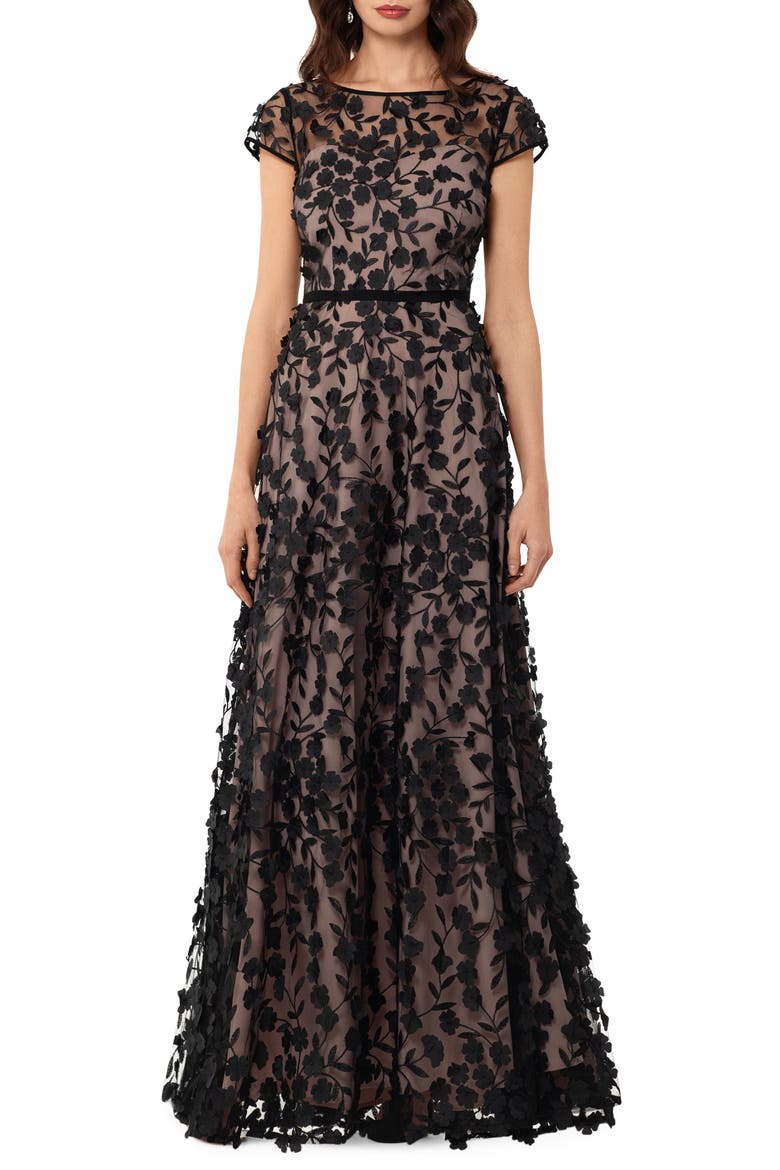 Xscape Floral Embroidered Tulle Gown, Main, color, BLACK/ NUDE