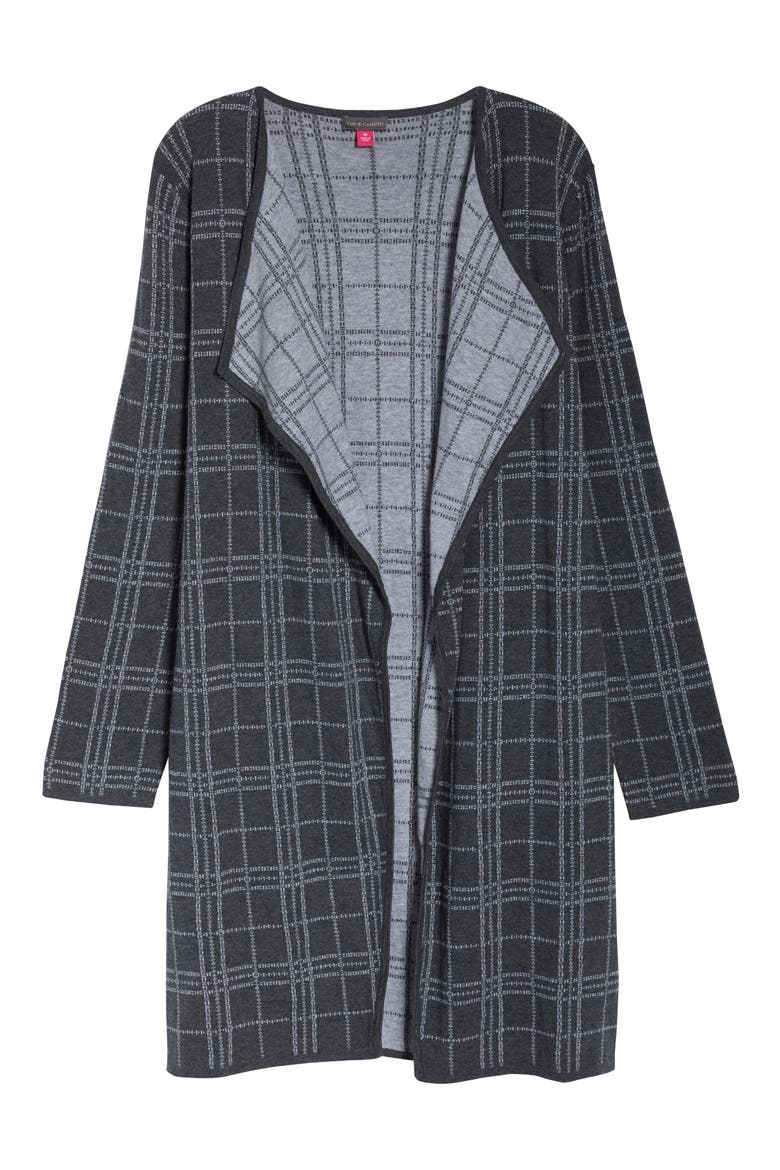Plaid Open Front Combed Cotton Cardigan, Alternate, color, MED HEATHER GREY