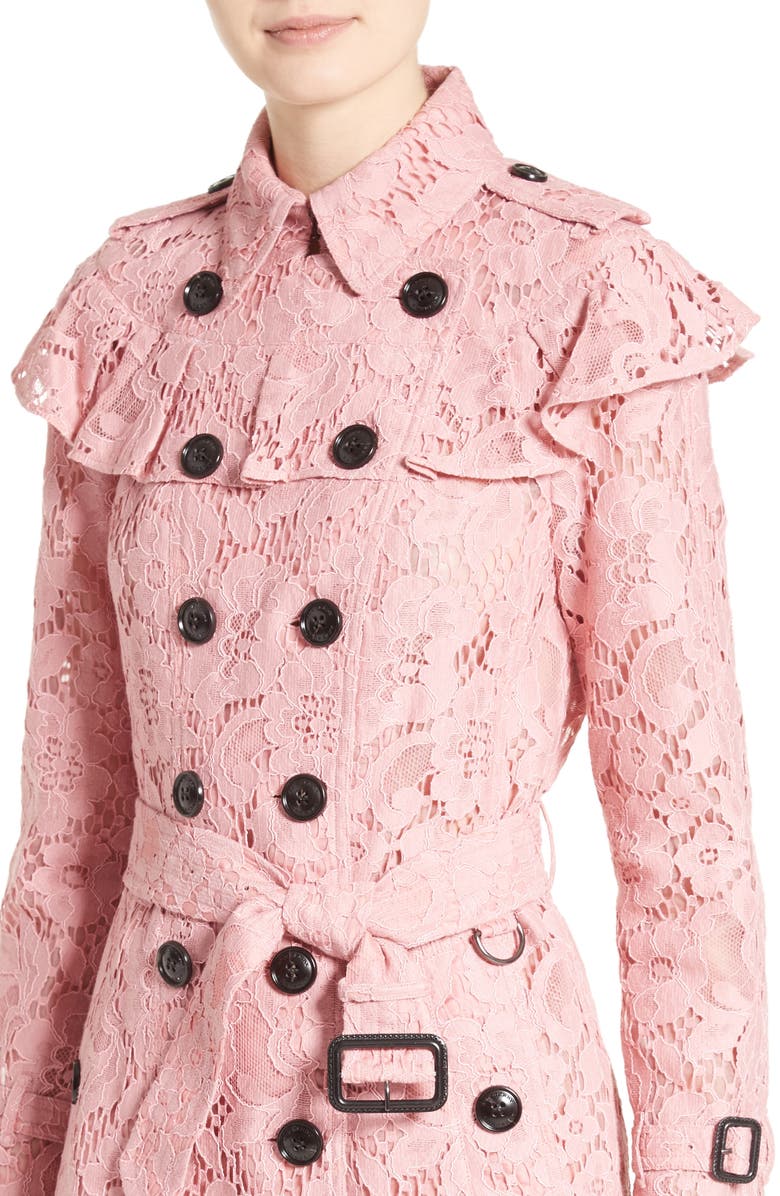 Burberry Stanhill Ruffle Lace Trench Coat, Alternate, color,