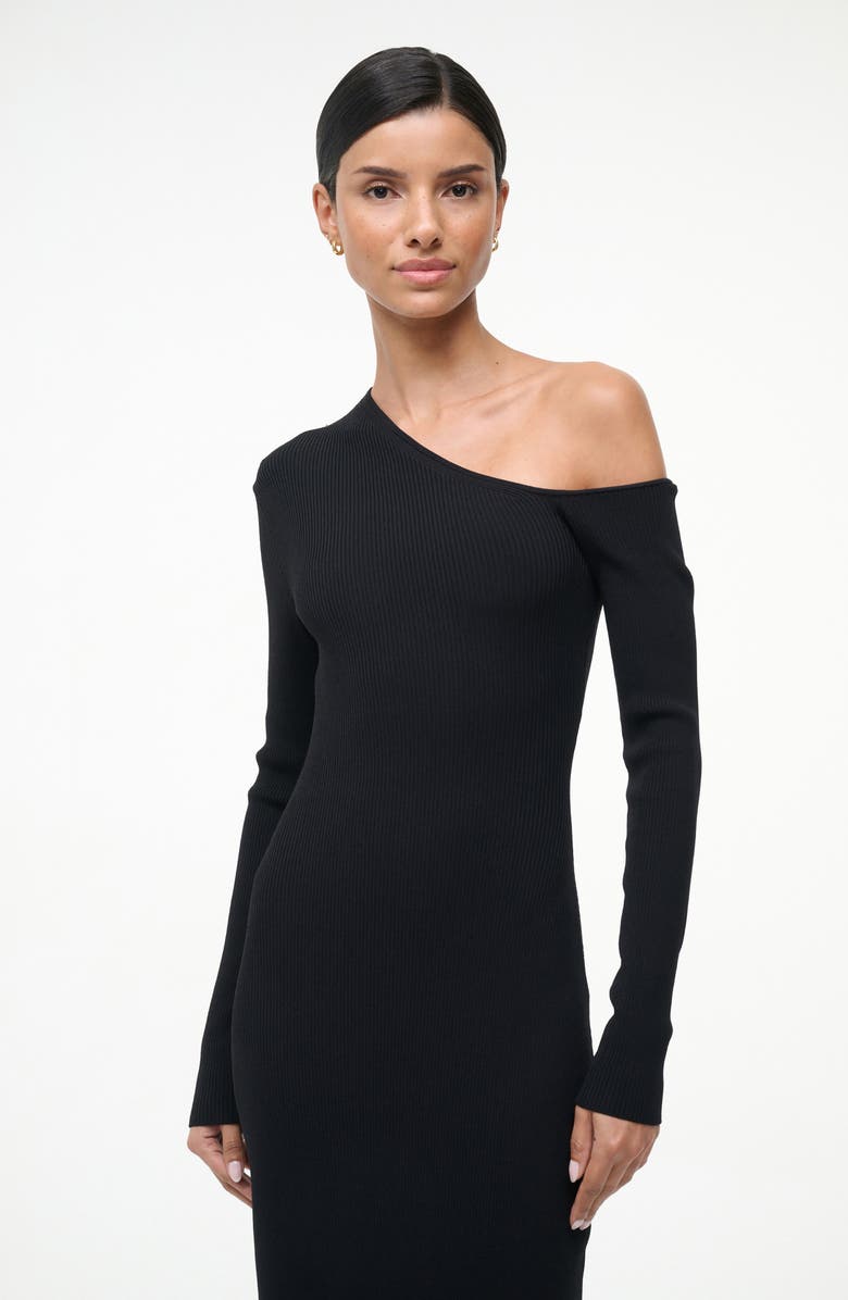 STAUD Lois One-Shoulder Long Sleeve Rib Dress, Alternate, color, Black