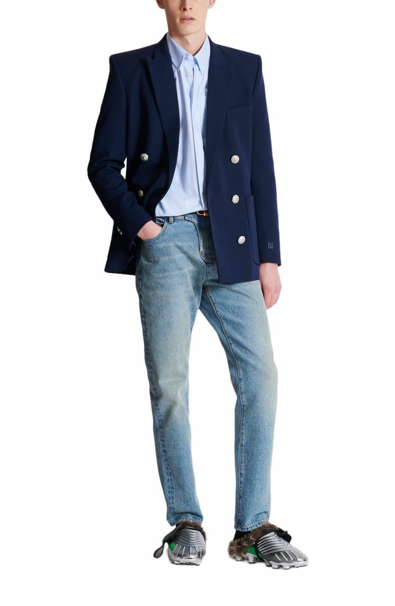 Balmain Écusson Embroidered Cotton Shirt, Alternate, color, Blue