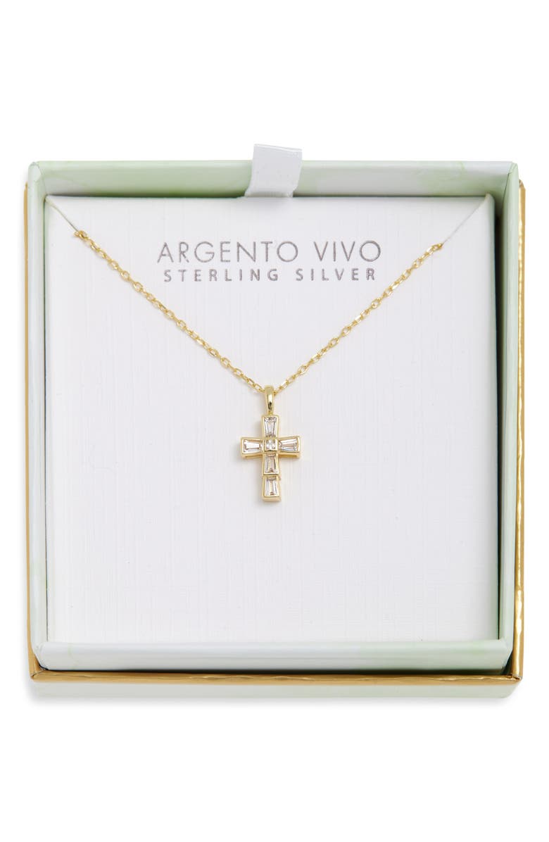 ARGENTO VIVO Baguette Cubic Zirconia Mini Cross Pendant Necklace, Main, color, Gold