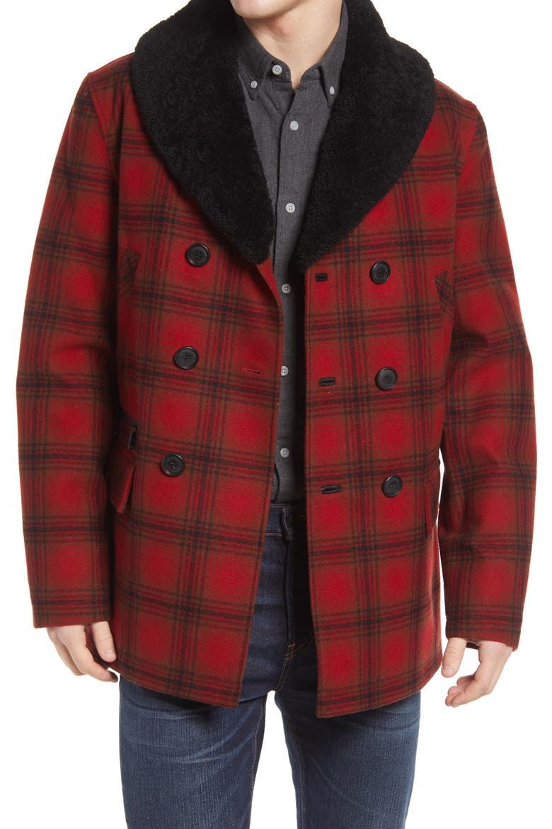 Tribeca Genuine Shearling Trim Plaid Coat, Main, color, RED/CHARCOAL/DEEP OLIVE PLAID