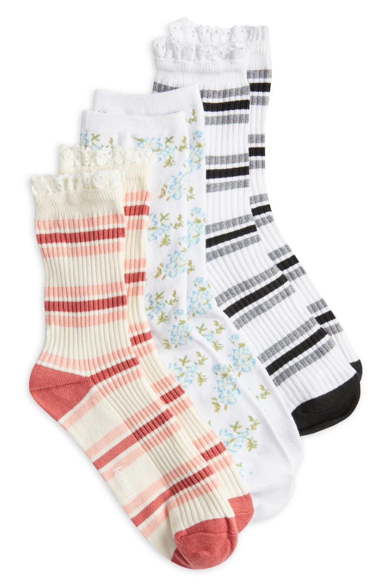 Spring Stripes Ruffle Assorted 3-Pack Crew Socks, Main, color, WHITE/ ASSORTED