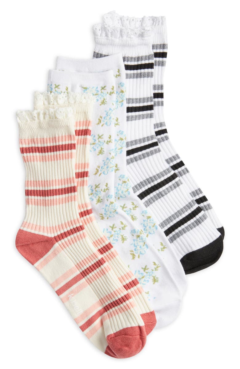 K Bell Socks Spring Stripes Ruffle Assorted 3-Pack Crew Socks, Main, color, White/ Assorted