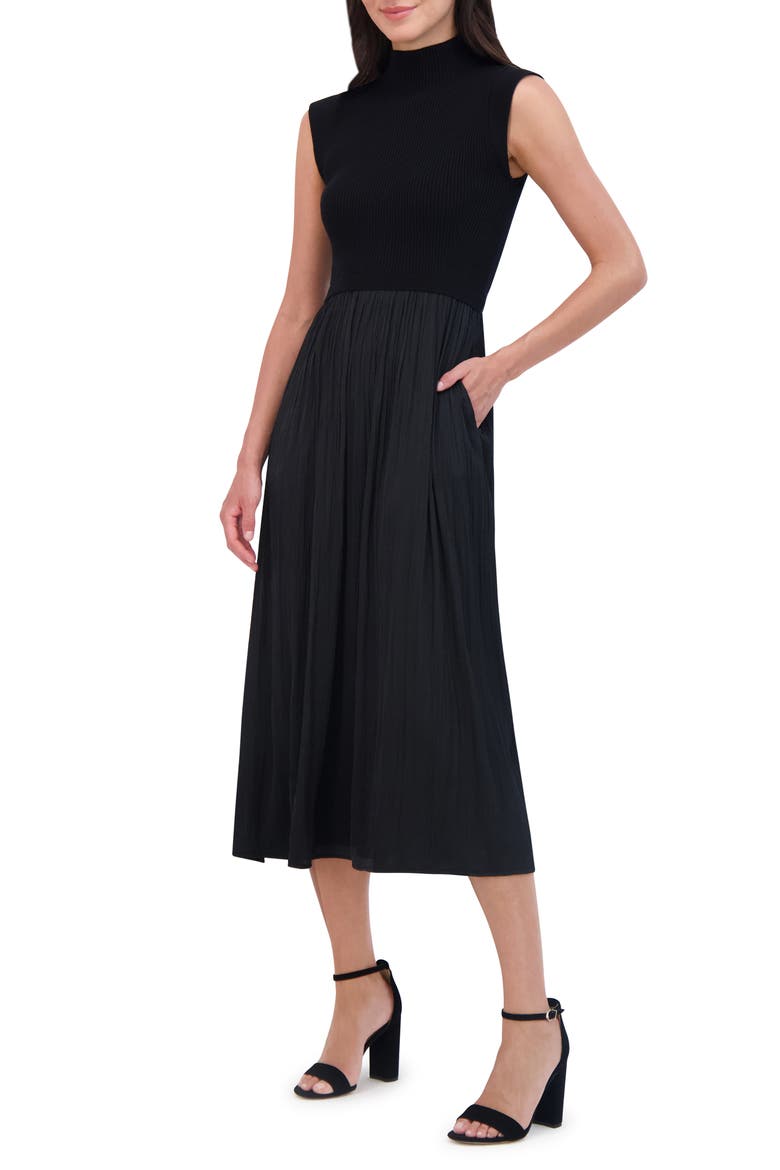 Mixed Media Midi Dress, Alternate, color, BLACK