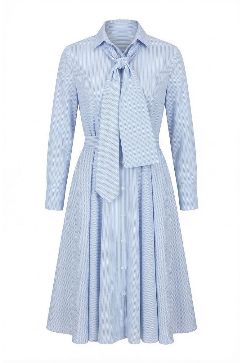 Striped Tie Neck Bow Waist Belt Shirt Dress, Alternate, color, Light Blue / White Stripes