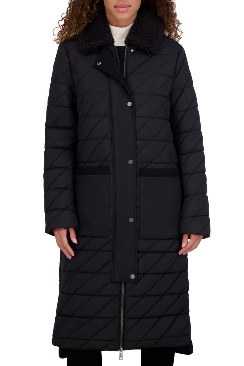 Maxine Quilted Coat with Faux Shearling Collar, Main, color, BLACK