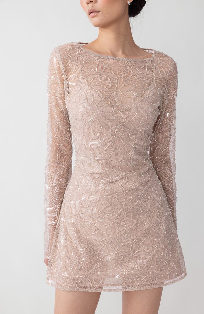 SAU LEE Odessa Beaded Floral Long Sleeve Cocktail Minidress, Alternate, color, Beige