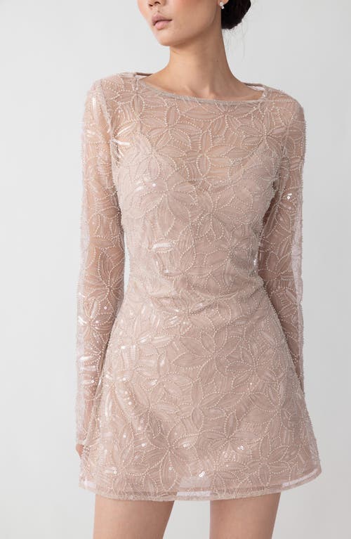 Sau Lee Odessa Beaded Floral Long Sleeve Cocktail Minidress In Beige