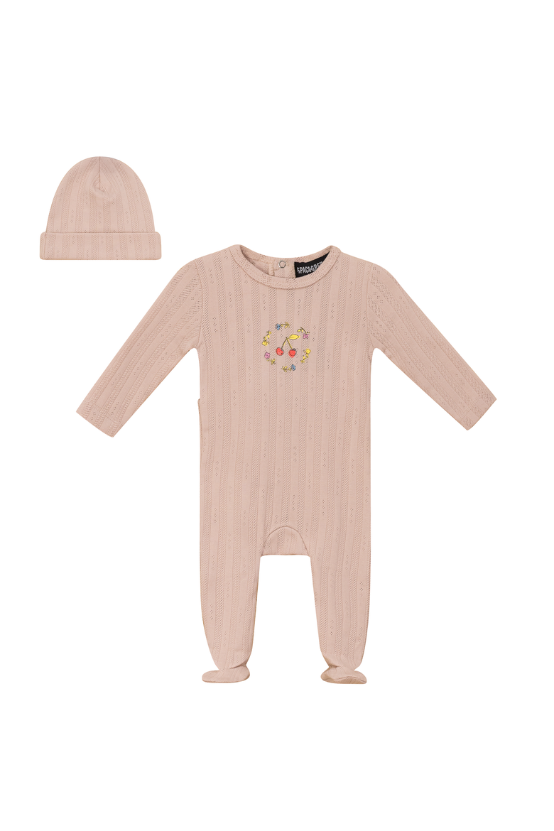 Cherry and Flower Pointelle Ribbed Romper and Hat, Main, color, Soft Pink