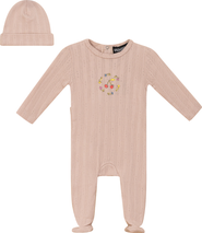Space Grey Cherry and Flower Pointelle Ribbed Romper and Hat