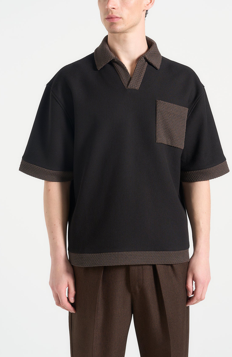 Manière De Voir Brice Boxy Polo Shirt with Crochet Detail, Alternate, color, Black
