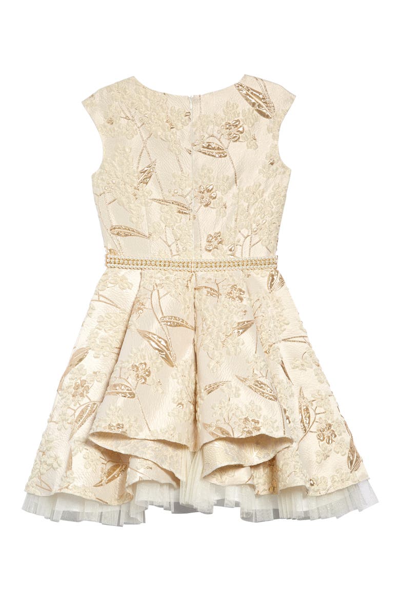 Brocade & Imitation Pearl Belted Fit & Flare Dress, Alternate, color, IVORY