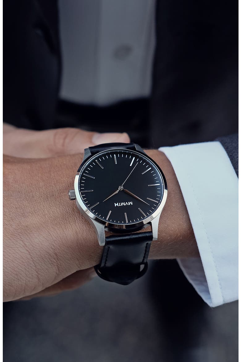 MVMT 40 Series Leather Strap Watch, 40mm, Alternate, color, BLACK/ SILVER