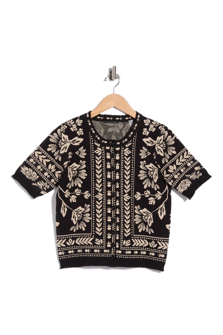 Short Sleeve Cardigan, Main, color, BLACK / IVORY FLORAL JACQUARD
