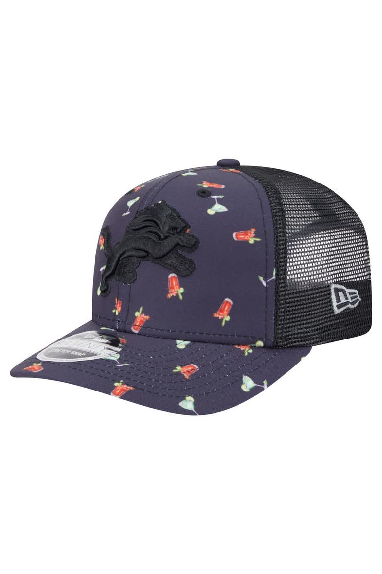 Men's New Era  Navy/Black Detroit Lions Adventure Drinks Pattern 9SEVENTY Stretch-Snap Hat, Main, color, Navy