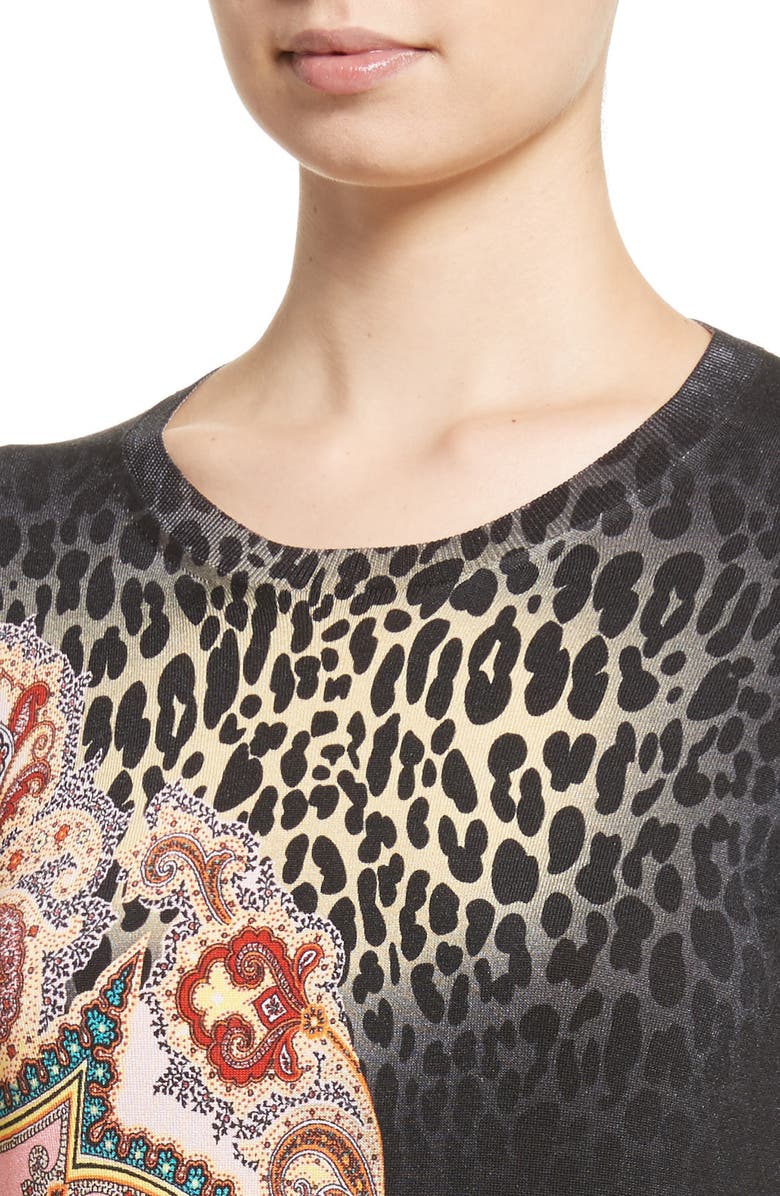 Etro Leopard Paisley Print Stretch Silk Sweater, Alternate, color,