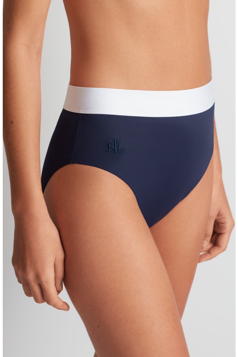 Banded High Waist Bikini Bottoms, Alternate, color, DARK NAVY