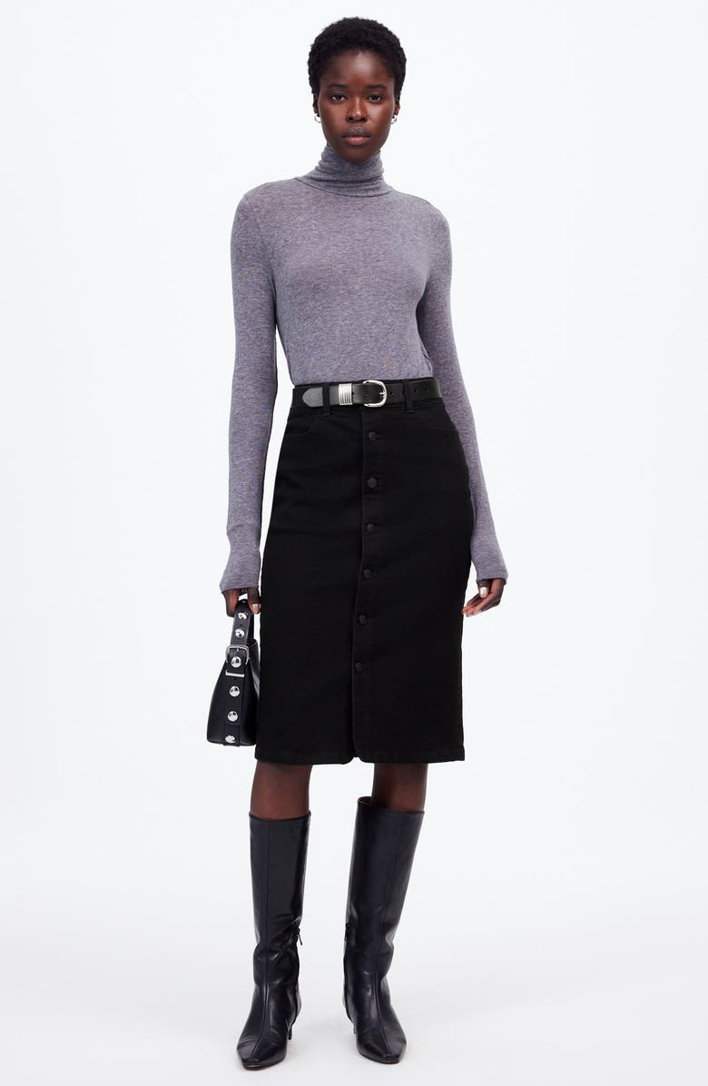 Madewell Button Front Denim Midi Skirt, Alternate, color, Clean Black Wash