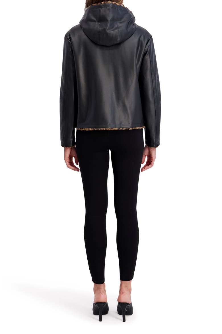 Faux Fur Lined Faux Leather Hooded Jacket, Alternate, color, BLACK