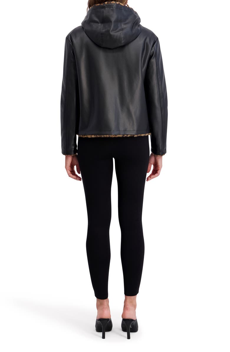 Kensie Faux Fur Lined Faux Leather Hooded Jacket, Alternate, color, Black