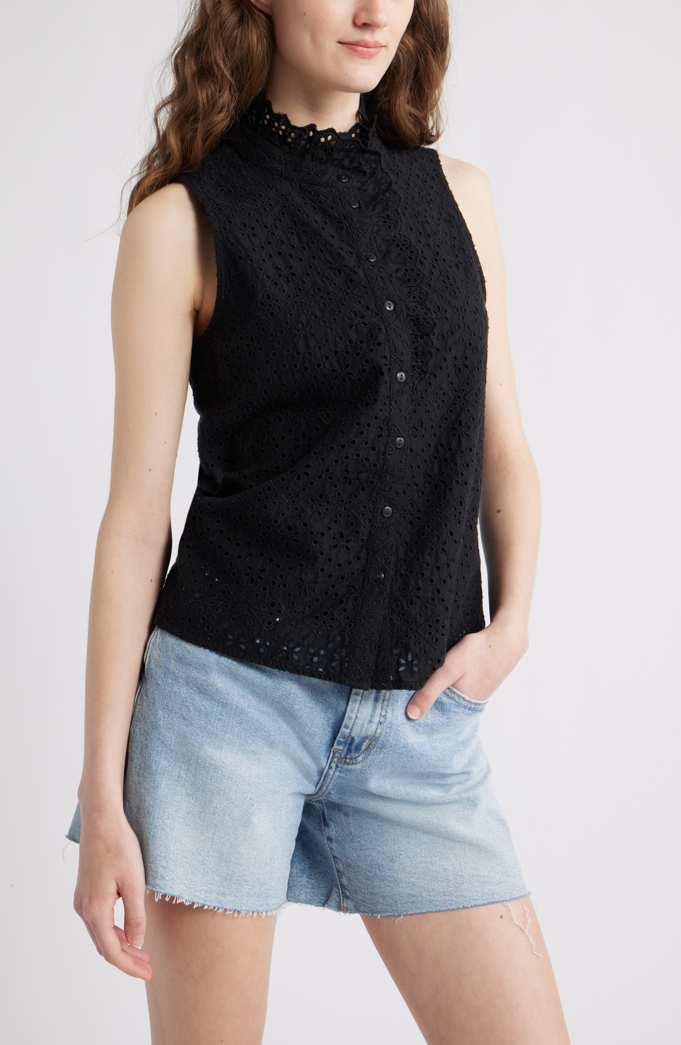 Caslon® Ruffle Eyelet Sleeveless Button-Up Shirt