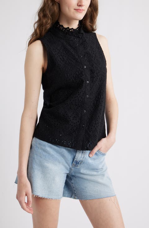 Ruffle Eyelet Sleeveless Button-Up Shirt