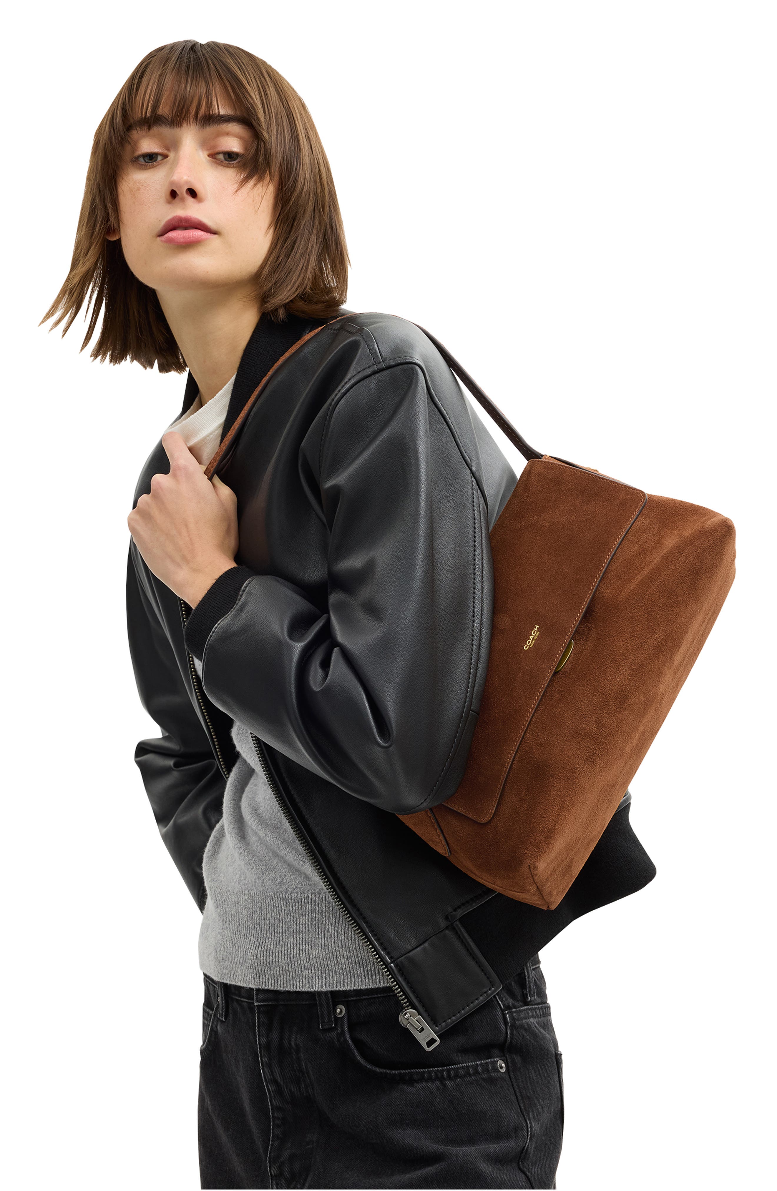 COACH Chelsea 30 Suede Shoulder Bag, Alternate, color, B4/ Warm Brown