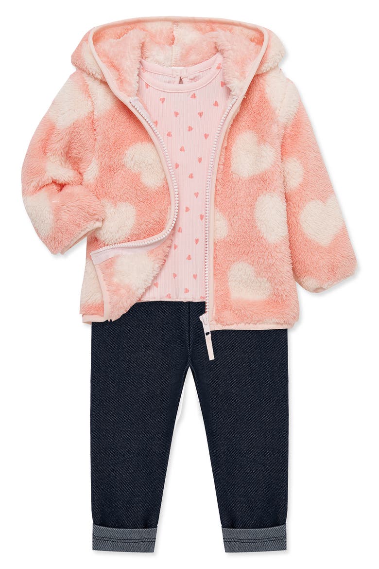 Heart High Pile Fleece Jacket, T-Shirt & Knit Jeans Set, Alternate, color, PINK
