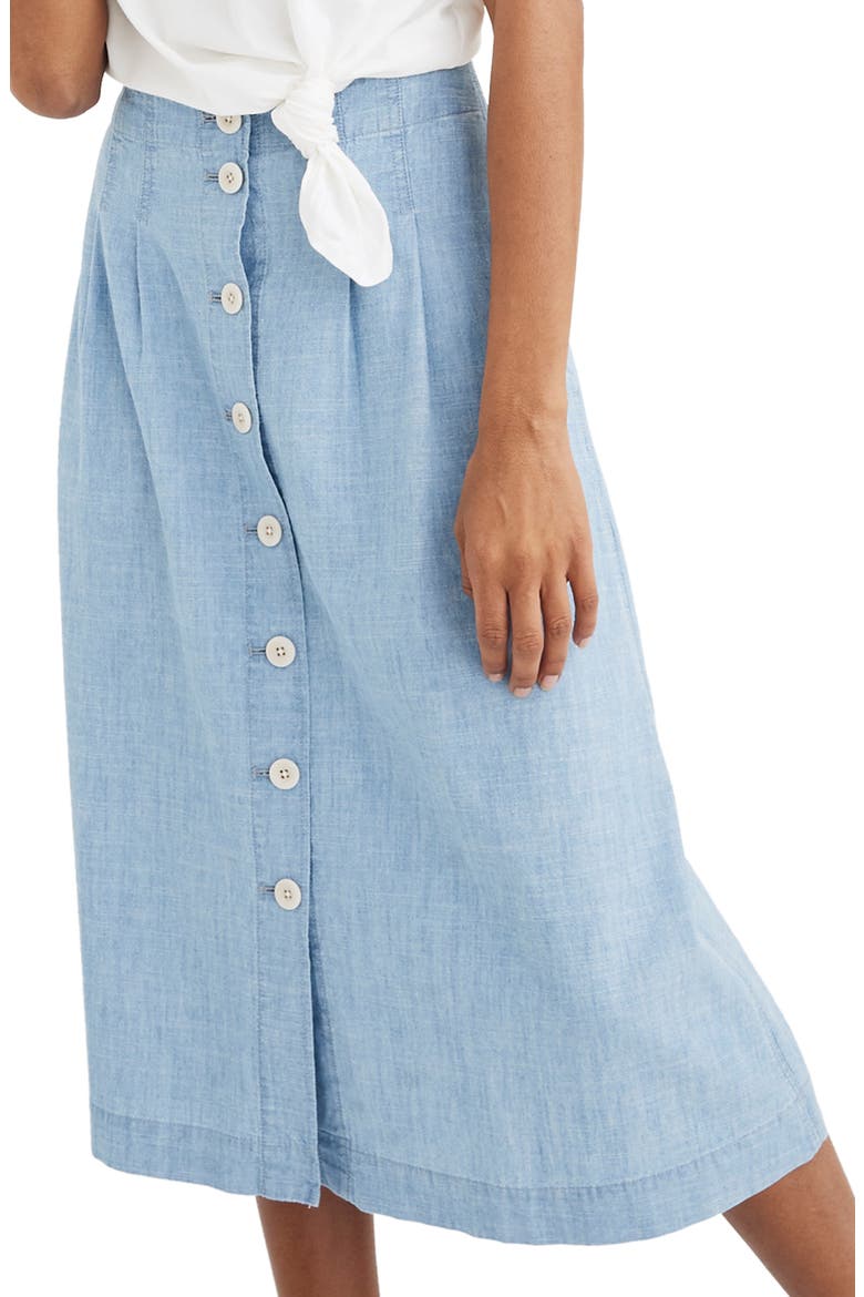 Chambray Patio Button Front Midi Skirt, Main, color, WEATHERLY WASH