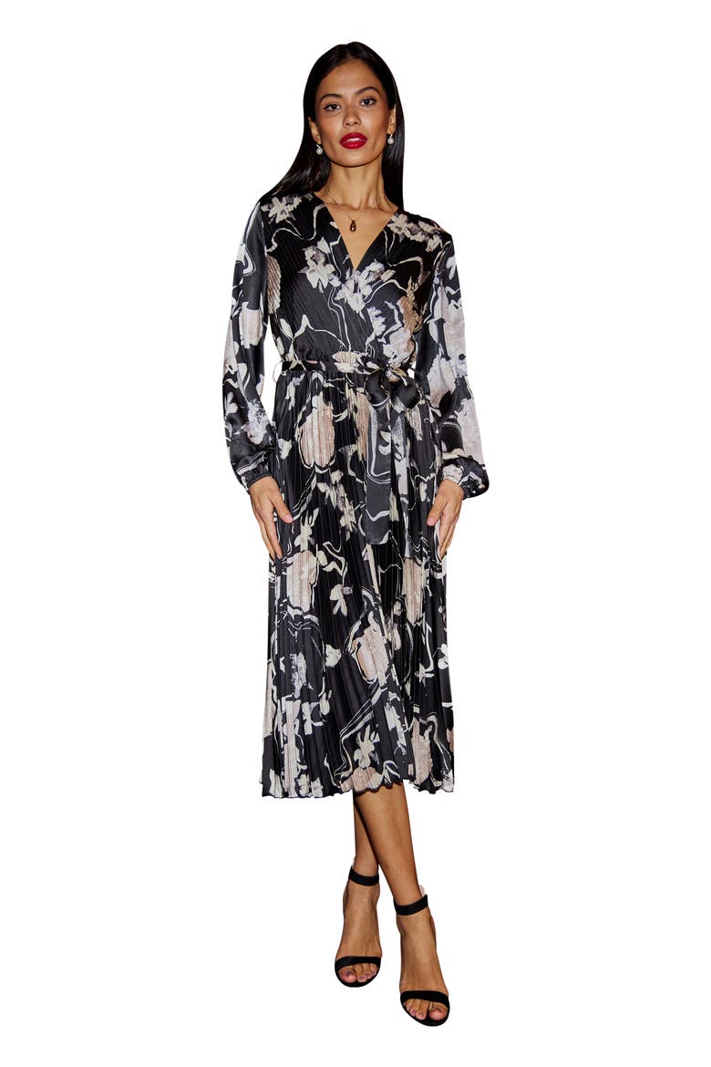 Floral Satin Long Sleeve Midi Dress, Main, color, Black