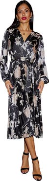 Yumi Floral Satin Long Sleeve Midi Dress