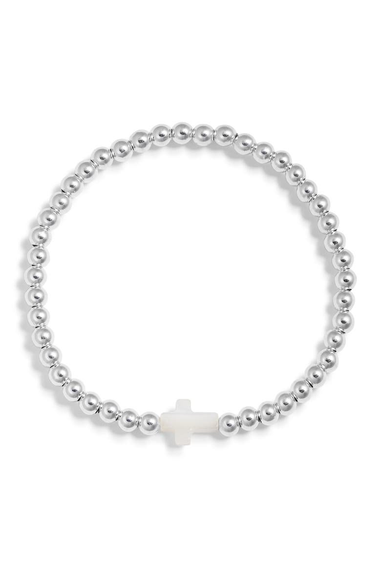 Cross Charm Bead Stretch Bracelet, Main, color, STERLING SILVER